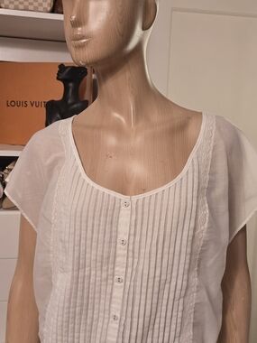 Guess White Pintuck Button-Front Lace Trim Blouse